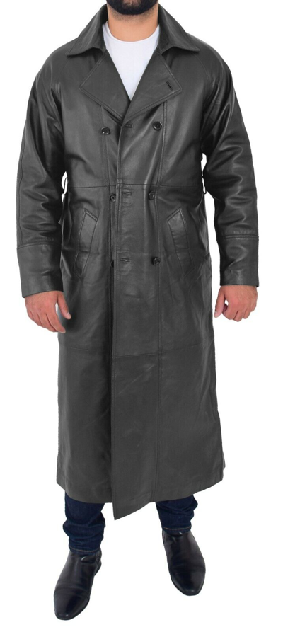 Pre-owned Fashion Mens Full Length Leather Coat Black Double Breasted ...