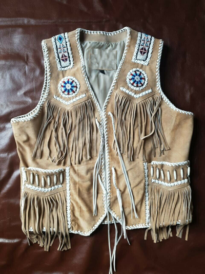 Pre-owned Claw Intl Men's Native American Western Beige Suede Leather Fringe Vest Beads Bones