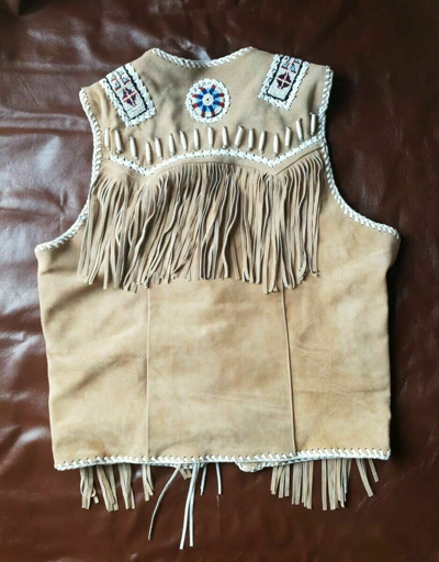 Pre-owned Claw Intl Men's Native American Western Beige Suede Leather Fringe Waistcoat Beads Bones