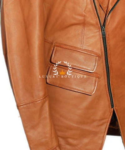 Pre-owned L.b Zephyr Tan Men's Smart Cross Zip Real Waxed Lambskin Leather Blazer Shirt Jacket