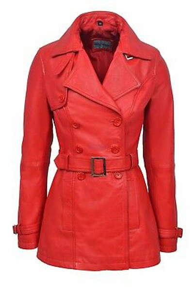 REAL LEATHER Pre-owned Trench Ladies Red Classic Mid-length Designer Real Soft Leather Jacket Coat