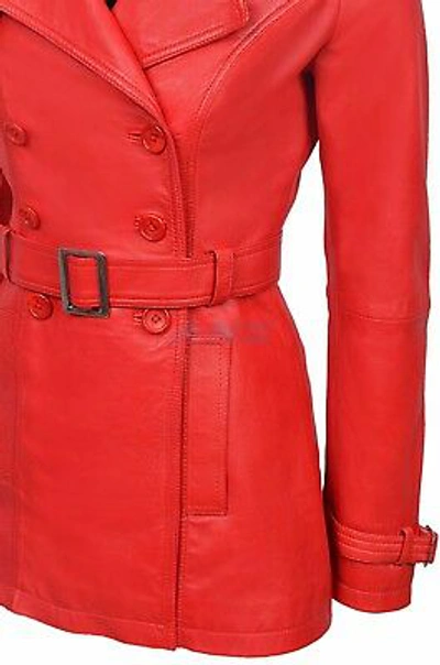 Pre-owned Real Leather Trench Ladies Red Classic Mid-length Designer Real Soft Leather Jacket Coat