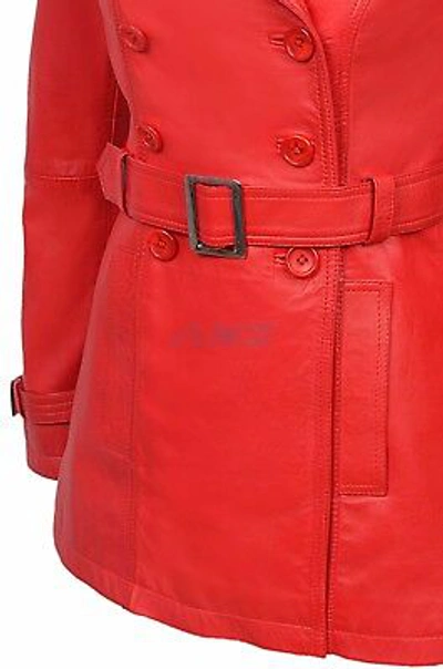 Pre-owned Real Leather Trench Ladies Red Classic Mid-length Designer Real Soft Leather Jacket Coat