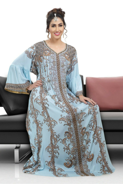 Pre-owned Maxim Creation Digital Printed Maxi Long Sleeve Dress With Crystal Luxe Embroidery Beads 8464