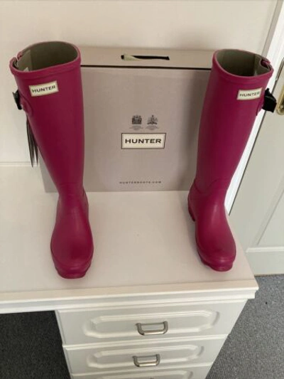 Pre-owned Hunter Womens  Norris Field Side Adjustable Wellington Boots. Loganberry. Uk 4