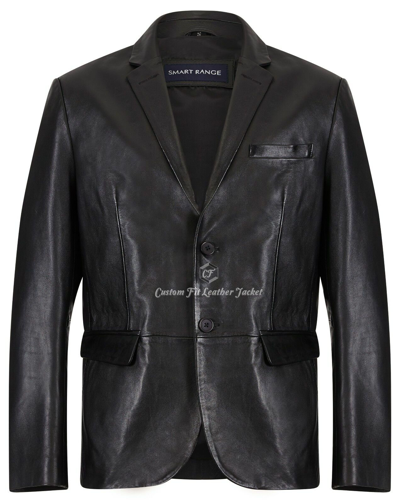 Pre-owned Smart Range Men's Leather Blazer Black 100% Real Napa Milano 2 Button Classic Blazer 3450
