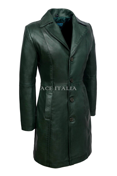 Pre-owned Carrie Ch Hoxton Chic Style Ladies Green Classic Trench Mid Length Designer Leather Coat 3457