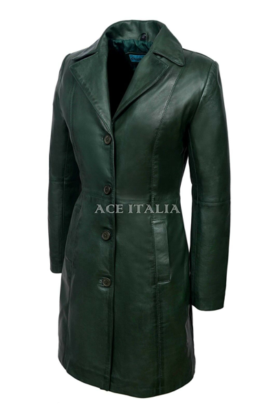 Pre-owned Carrie Ch Hoxton Chic Style Ladies Green Classic Trench Mid Length Designer Leather Coat 3457