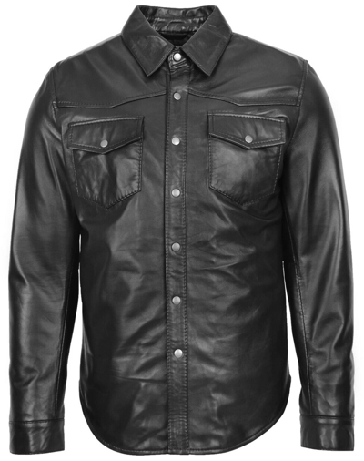Pre-owned House Of Leather Mens Real Leather Shirt Classic Western Trucker Style Oliver Black