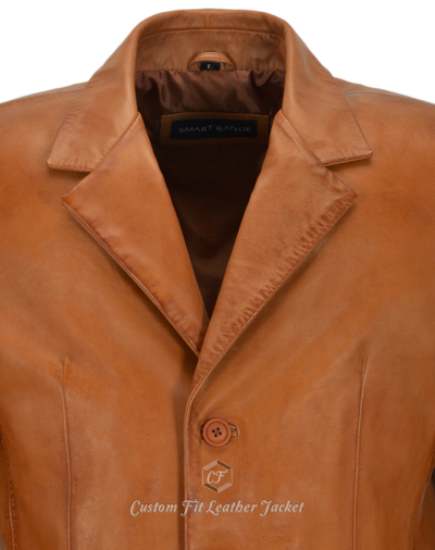 Pre-owned Smart Range Men's Leather Blazer Tan Classic Italian Tailored Soft Lambskin Leather Slim Jim