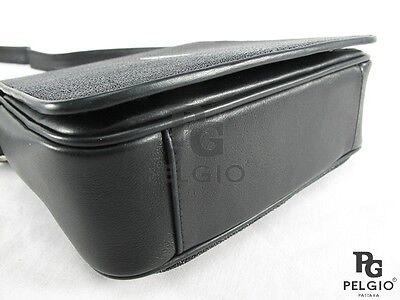 Pre-owned Pelgio Genuine Stingray Skin Leather Men Cross Body Messenger Shoulder Bag Black