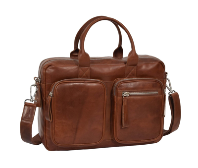 Pre-owned Fashion Pure Leather Briefcase Laptop Office Business Bag Multi Pockets Satchel Cognac