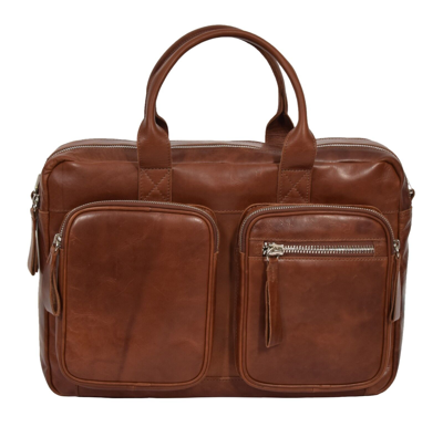 Pre-owned Fashion Pure Leather Briefcase Laptop Office Business Bag Multi Pockets Satchel Cognac