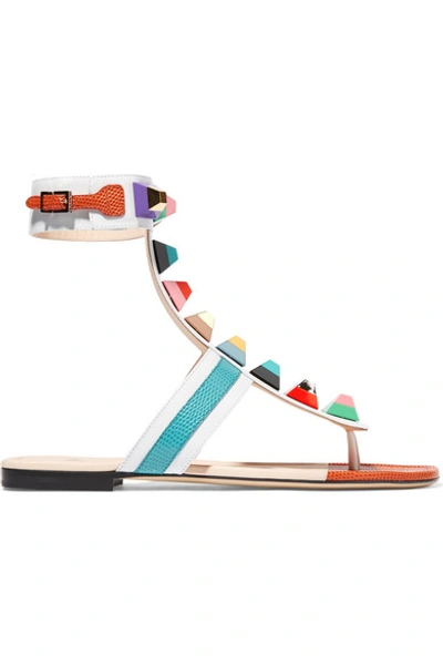 Fendi Rainbow Stud-embellished Leather Sandals In White
