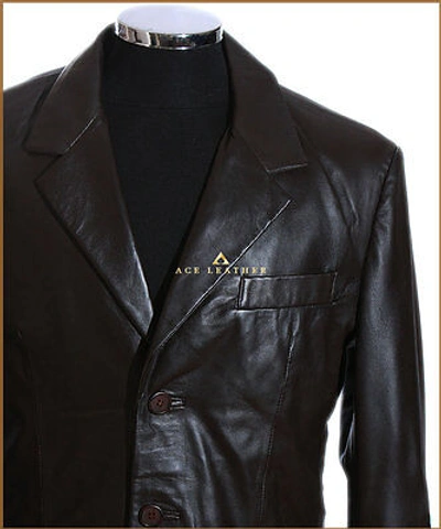 Pre-owned Real Leather Rocco Brown 3 Button Mens Smart Vintage Style Real Soft Lambskin Leather Blazer