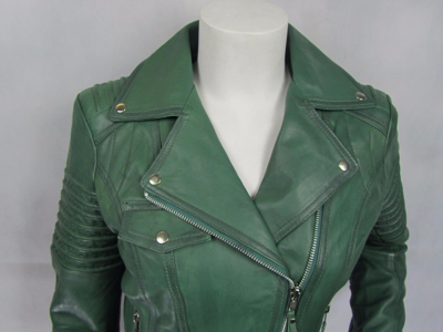 Pre-owned Immage Ladies Green Napa Leather Slim Tight Fitted Short Biker Jacket Bike
