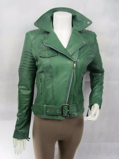 Pre-owned Immage Ladies Green Napa Leather Slim Tight Fitted Short Biker Jacket Bike