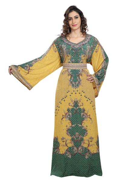 Pre-owned Maxim Creation Yellow Digital Print Algerian Luxe Kaftan With Crystal Beads Embroidery 8460
