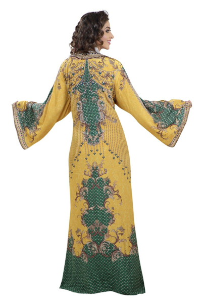 Pre-owned Maxim Creation Yellow Digital Print Algerian Luxe Kaftan With Crystal Beads Embroidery 8460