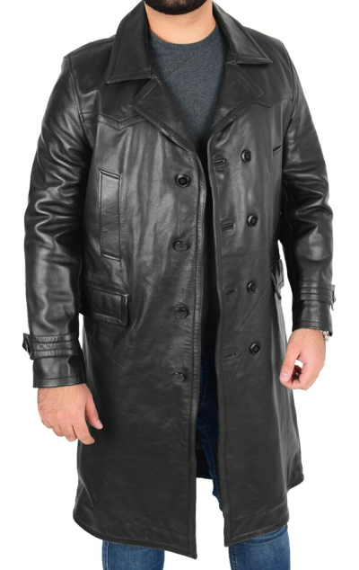 Pre-owned Fashion Mens Double Breasted Reefer Jacket Black Knee Length Military Cowhide Pea Coat