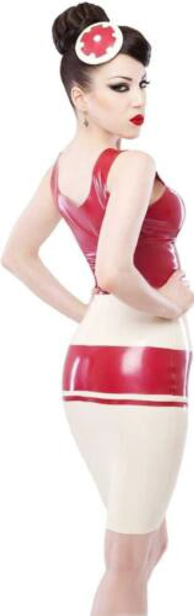 Pre-owned Westward Bound Panel Latex Pencil Skirt Warm White With Pearl Sheen Red Trim
