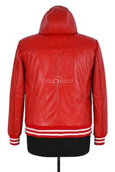 Pre-owned Casual Men's Hooded Leather Jacket Red Lambskin Baseball Sports Leather Hoodie Jacket