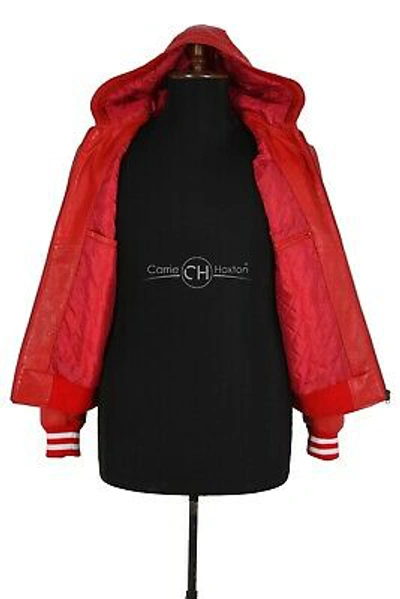 Pre-owned Casual Men's Hooded Leather Jacket Red Lambskin Baseball Sports Leather Hoodie Jacket