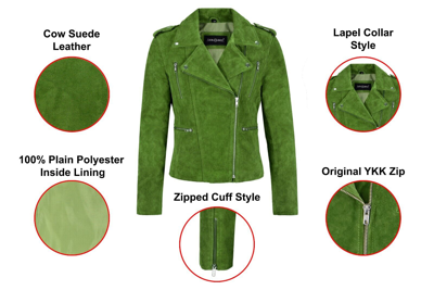 Pre-owned Smart Range Leather Women's Classic Biker Western Real Leather Jacket Lime Green Suede Casual Jacket
