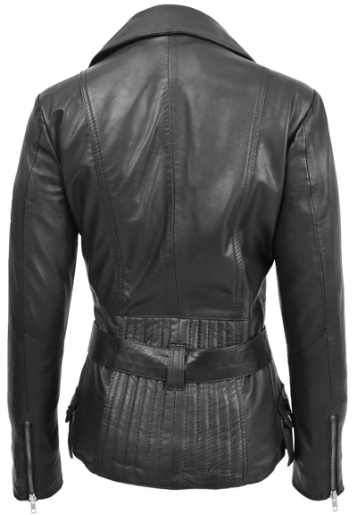 Pre-owned House Of Leather Womens Real Leather Biker Jacket Cross Zip With Waist Belt Celia Black