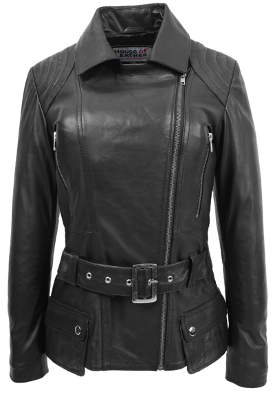 Pre-owned House Of Leather Womens Real Leather Biker Jacket Cross Zip With Waist Belt Celia Black