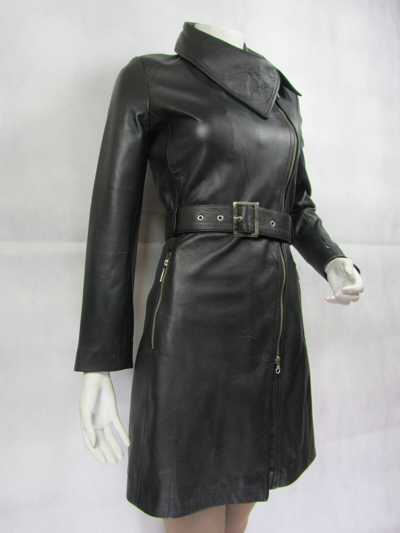 Pre-owned Femine Touch Ladies Black Napa Leather Slim Tight Fitted Long Biker Fashions Jacket Bike