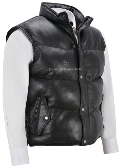 Pre-owned Casual Men's Puffer Leather Waistcoat Black Padded Lambskin Leather  Waistcoat Style