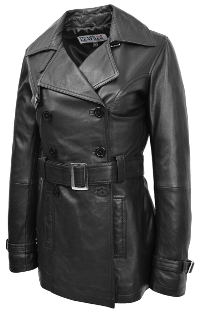 Pre-owned House Of Leather Womens Real Leather Double Breasted Mid Length Trench Coat Sienna Black