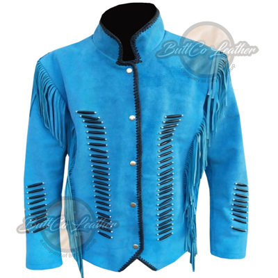 Pre-owned Seven 1052 Western Blue Jacket Fringed & Tassels Beads