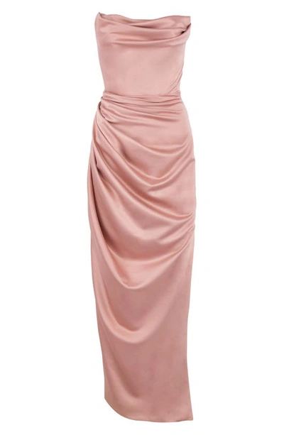 Shop House Of Cb Adrienne Satin Strapless Gown In Blush