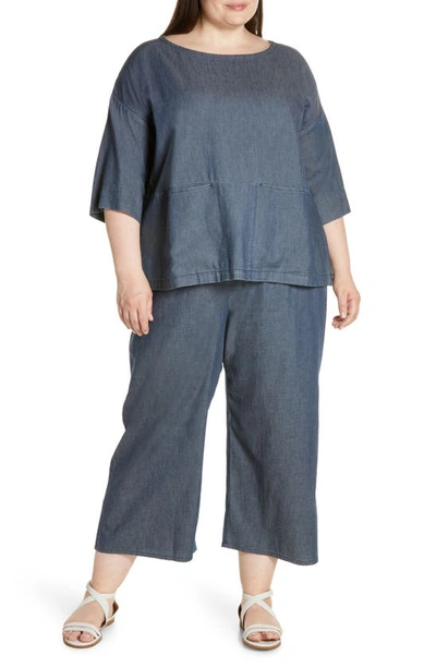 Shop Eileen Fisher Bateau Neck Boxy Organic Cotton Top In Denim