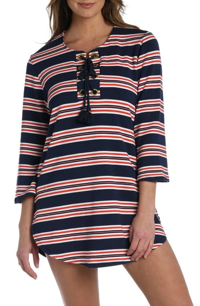 Shop La Blanca Sailor Stripe Lace-up Cover-up Knit Tunic In Indigo