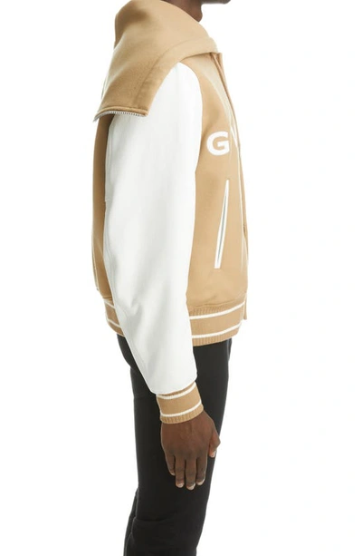 Shop Givenchy Mixed Media Logo Wool Blend Varsity Jacket In White/ Beige