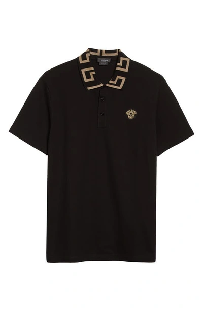 Shop Versace Greco Collar Cotton Piqué Polo In Black