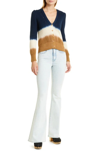 Veronica Beard Parula Tie-dye Long-puffed Sleeve Cardigan In Navy/ Ivory/ Khaki