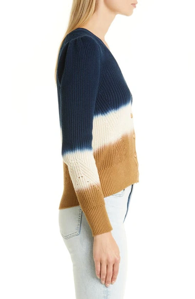 Veronica Beard Parula Tie-dye Long-puffed Sleeve Cardigan In Navy/ Ivory/ Khaki