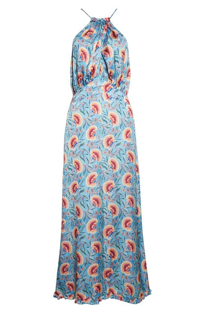 Shop Rabanne Floral Halter Neck Maxi Dress In Blue Indian Flower
