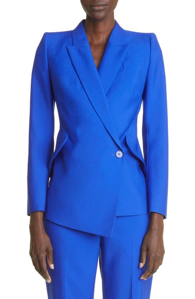 Shop Alexander Mcqueen Drop Hem Fitted Wool Blazer In Electric Blue