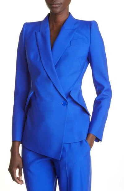 Shop Alexander Mcqueen Drop Hem Fitted Wool Blazer In Electric Blue