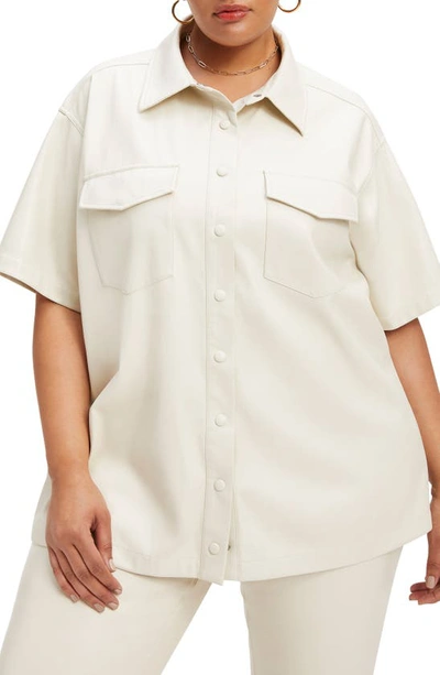 Shop Good American Resort Faux Leather Short Sleeve Button-up Shirt In Bone001