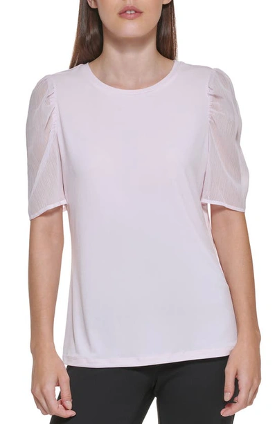Shop Dkny Mixed Media Puff Sleeve Top In Fresh Pink