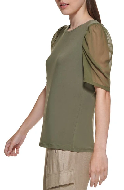 Shop Dkny Mixed Media Puff Sleeve Top In Light Fatigue