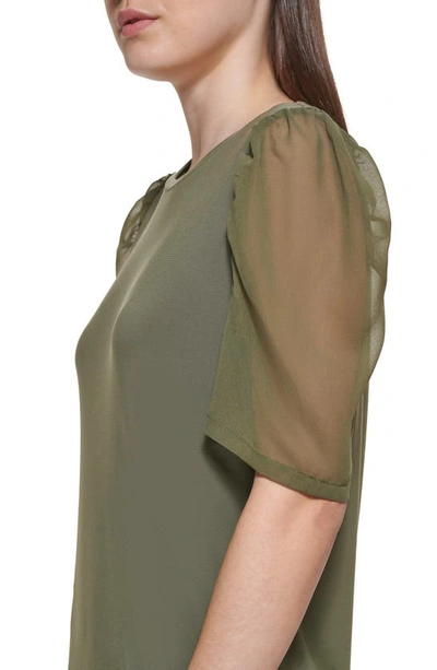 Shop Dkny Mixed Media Puff Sleeve Top In Light Fatigue