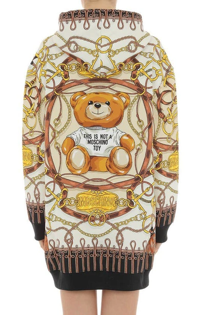 Shop Moschino Teddy Bear Scarf Print Cotton Hooded Dress In Fantasy Print Ivory