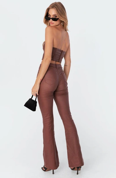 Shop Edikted Luna Faux Leather Flare Leg Pants In Brown